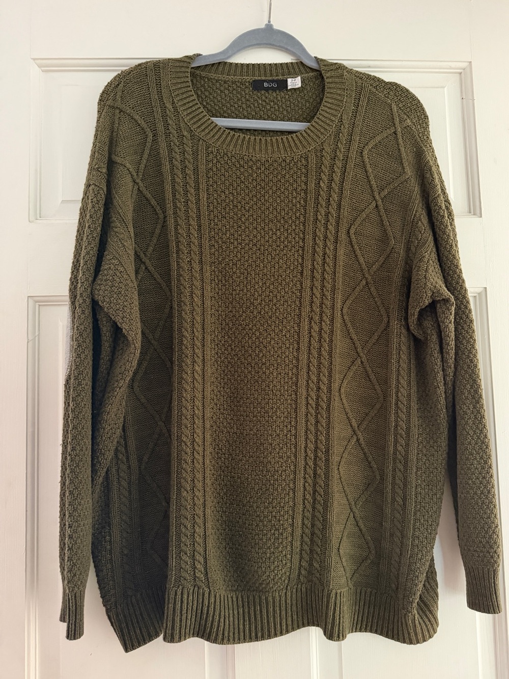 BDG Oversized Olive Cable Knit Sweater Gray Elbow Patches Small - Picture 4 of 6